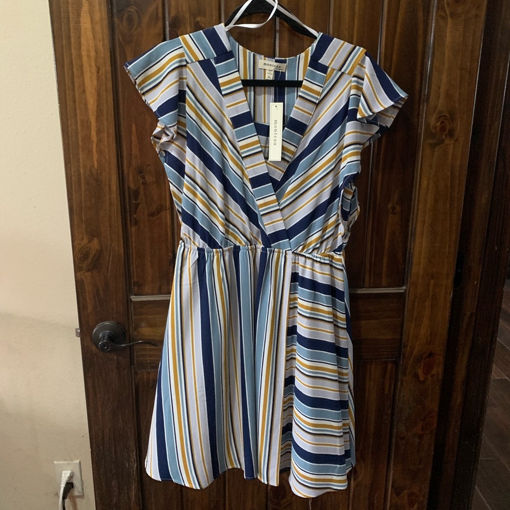 Striped V-Neck Flutter Sleeve Dress in Blue and White